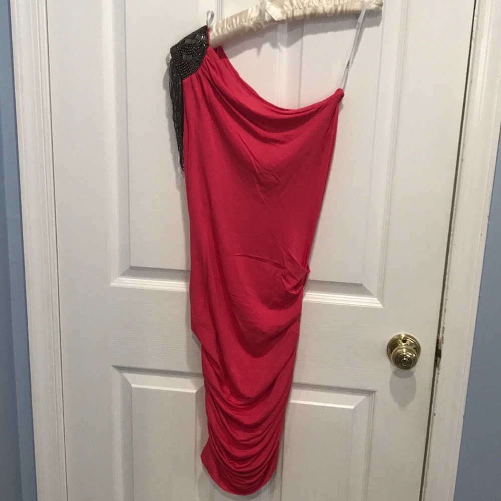Hot pink one shoulder beaded dress
